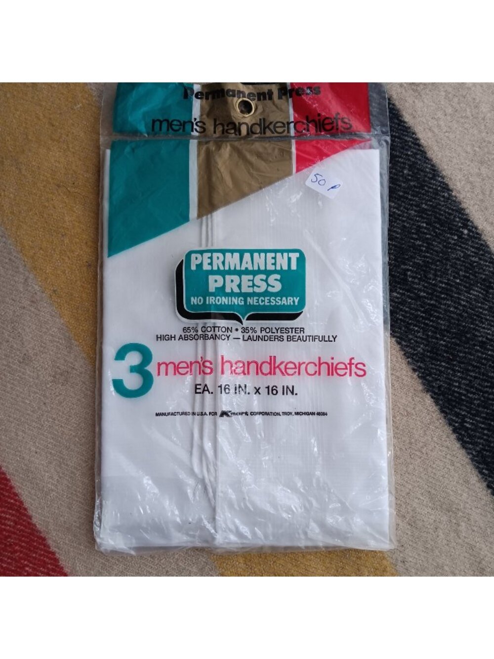 Polyester Vintage Mens Handkerchiefs 3-Pack 16x16 Inches Kmart USA Perm Press